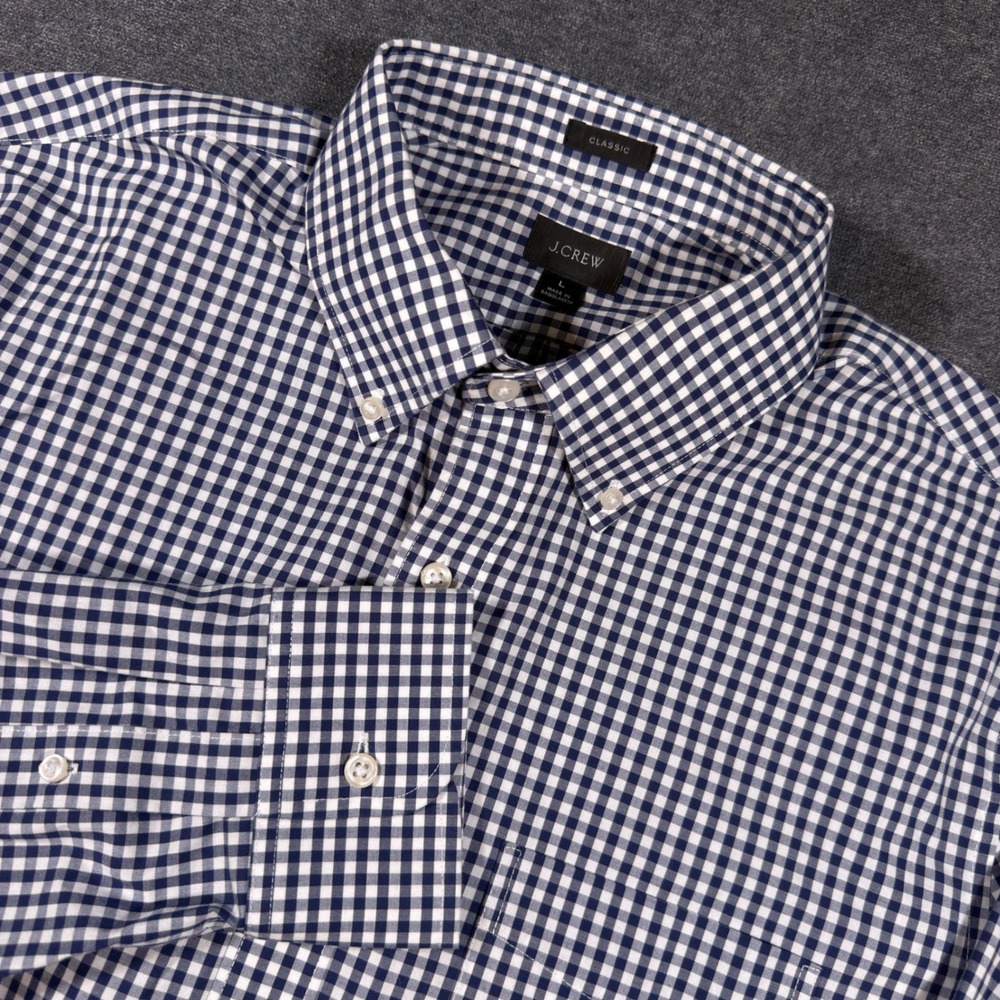 J.Crew Button Down Shirt Mens L Blue Gingham Classic Fit Long Sleeve Stretch